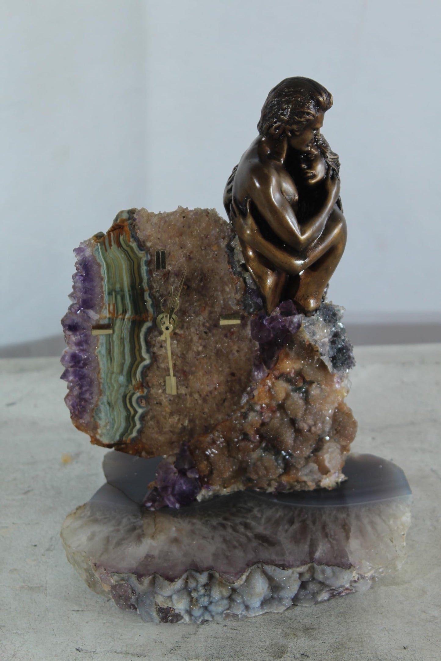 NIFAO Lovers Embrace Clock with Amethyst Geode Bronze by Vidal Spain 8"x7"x10"H