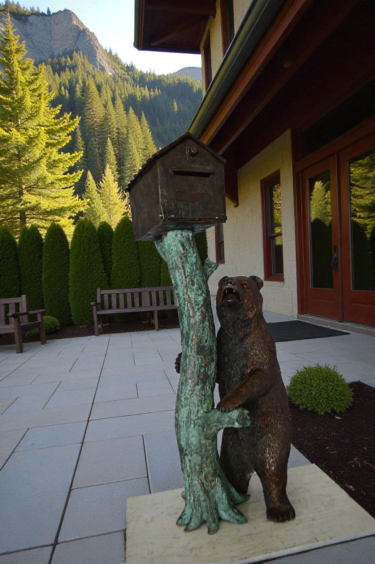 Bear beside a Tree with Mailbox Bronze Statue -  Size: 19"L x 20"W x 50"H