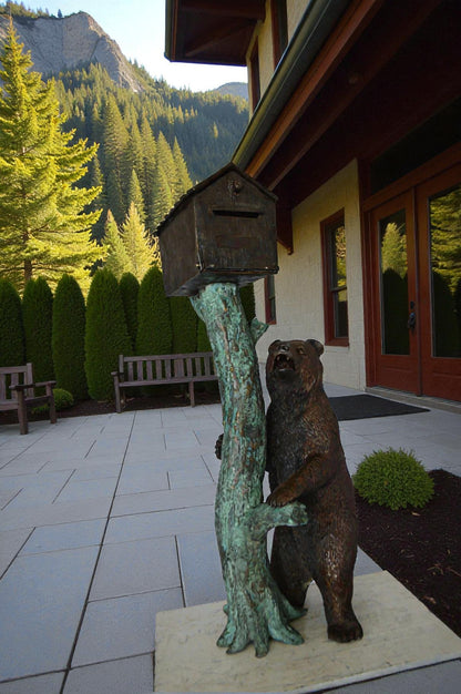 Bear beside a Tree with Mailbox Bronze Statue -  Size: 19"L x 20"W x 50"H