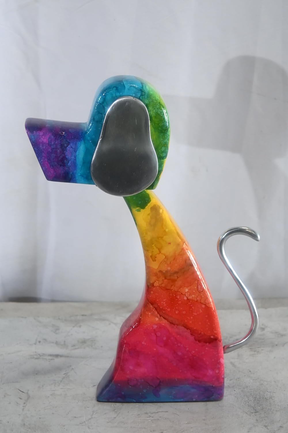 Abstract Rainbow Painted Wood Dog Figurine Aluminum Ears 8"x2"x15"H