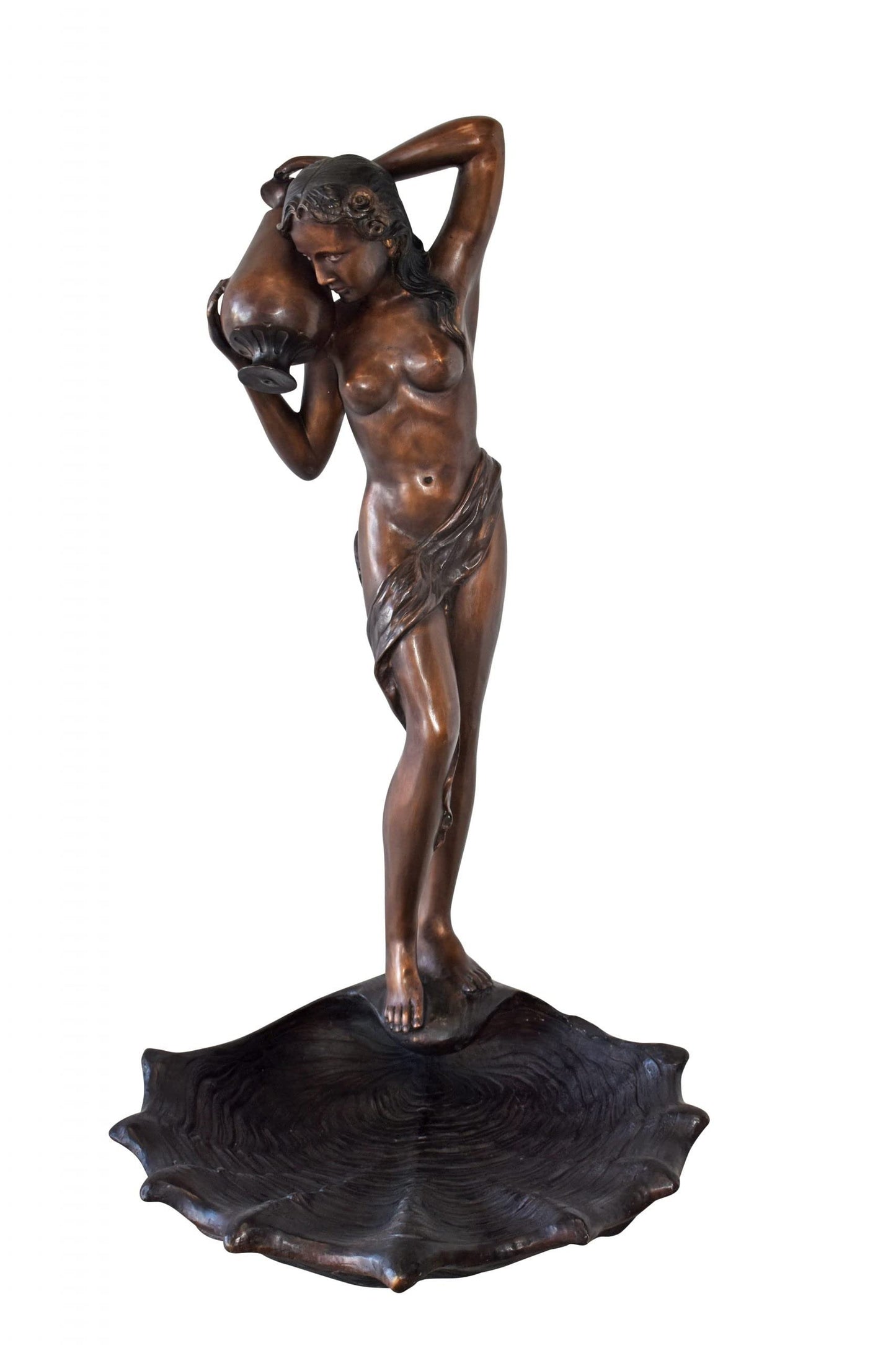 Lady Holds A Vase Standing on A Shell Bronze Fountain Size: 32" x 31" x 55"H