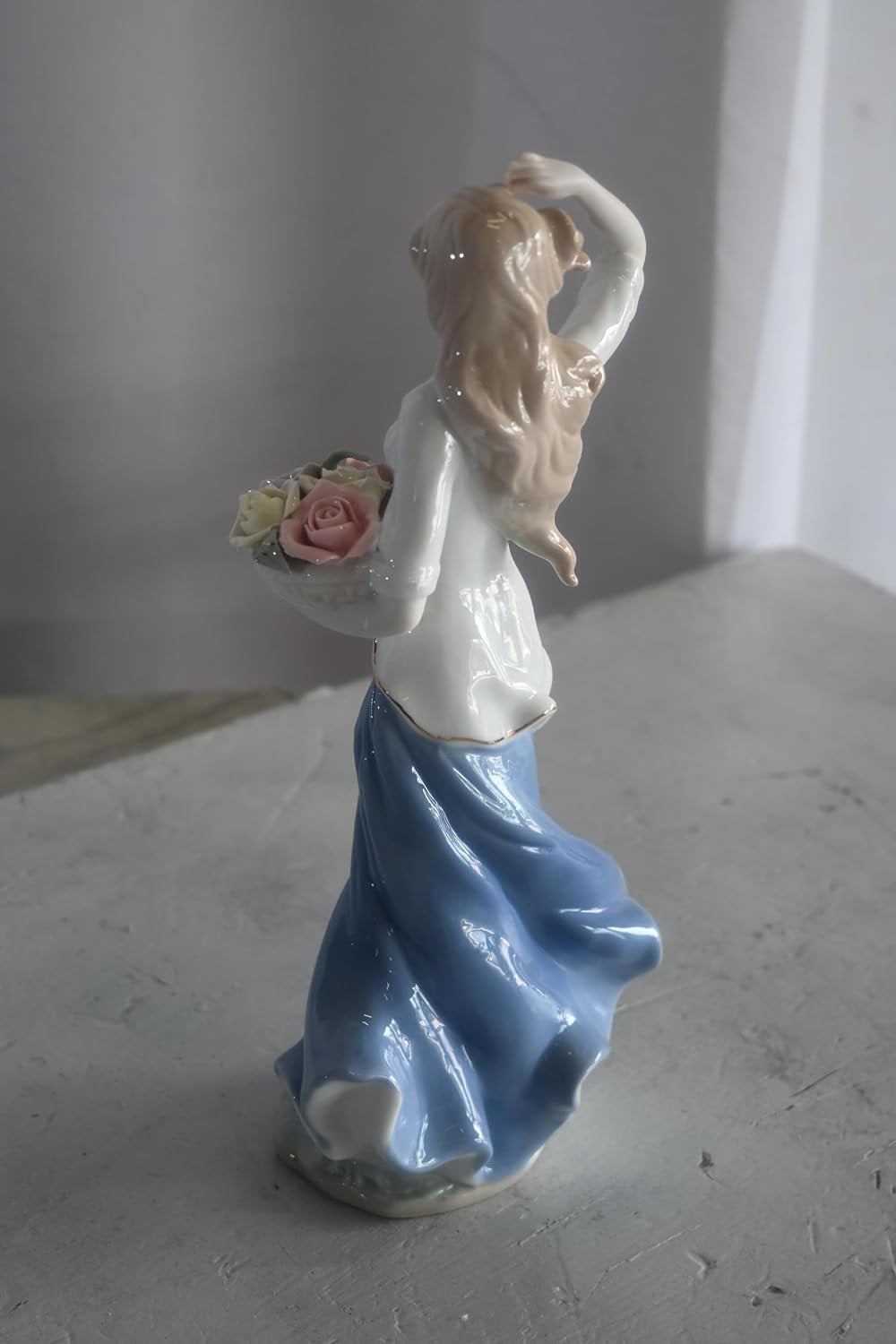 Porcelain Lady White Top Blue Skirt Holding Rose Bouquet 5"x4"x12"H