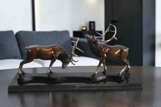 Bronze Locking Deer Stags Sculpture Marble Base 32"x8"x14"H