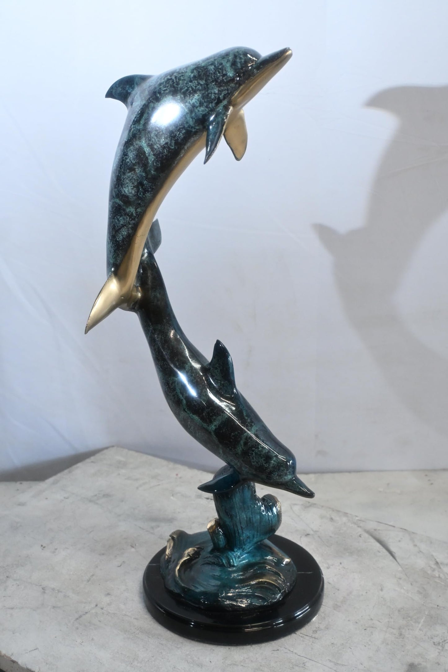 Two Dolphins Bronze Sculpture Leaping Wave Statue 10"x9"x24"H