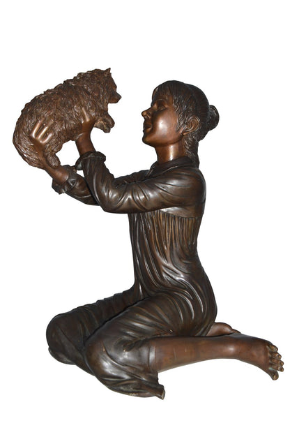 Girl Playing With Her Little Dog Bronze Statue -  Size: 22"L x 22"W x 30"H.
