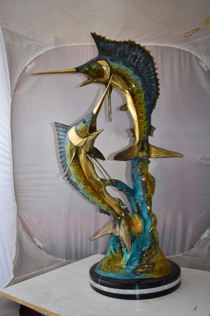 Set Of Intertwined Sailfish and Marlin Colored Bronze Statue  27" x 20" x 47"H