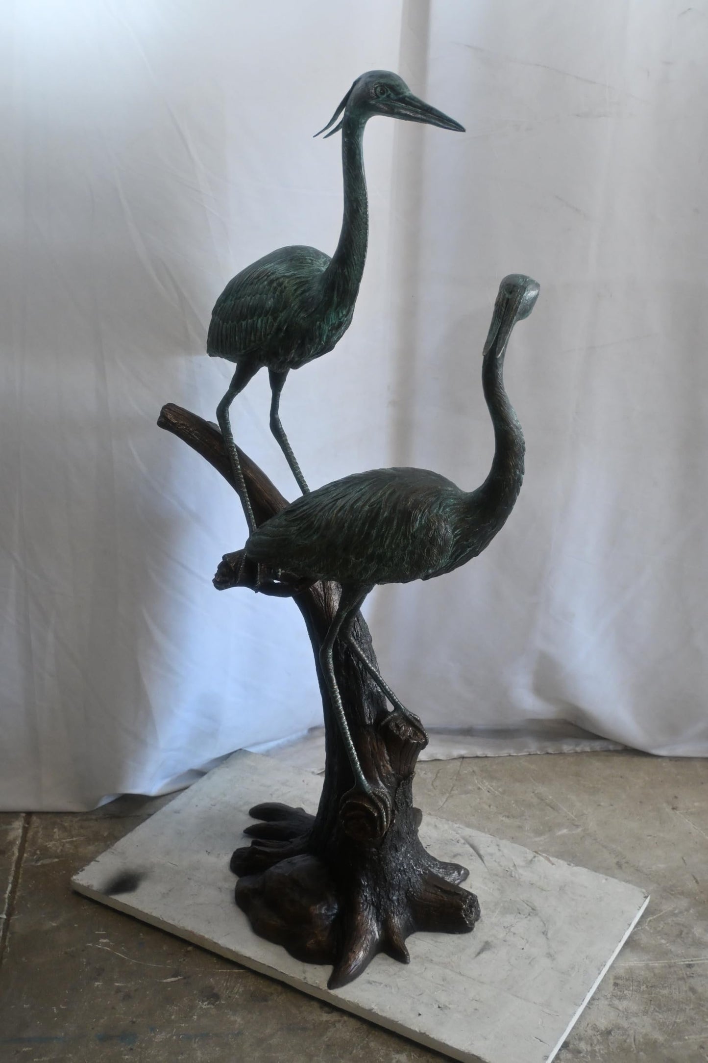 Bronze Heron Pair Sculpture on Driftwood Branch Perch 25"x20"x52"H
