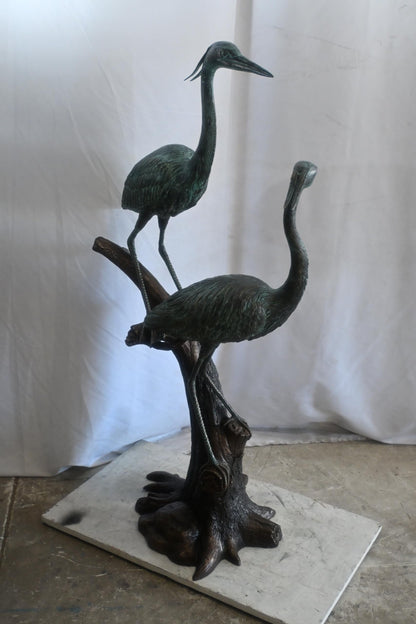 Bronze Heron Pair Sculpture on Driftwood Branch Perch 25"x20"x52"H