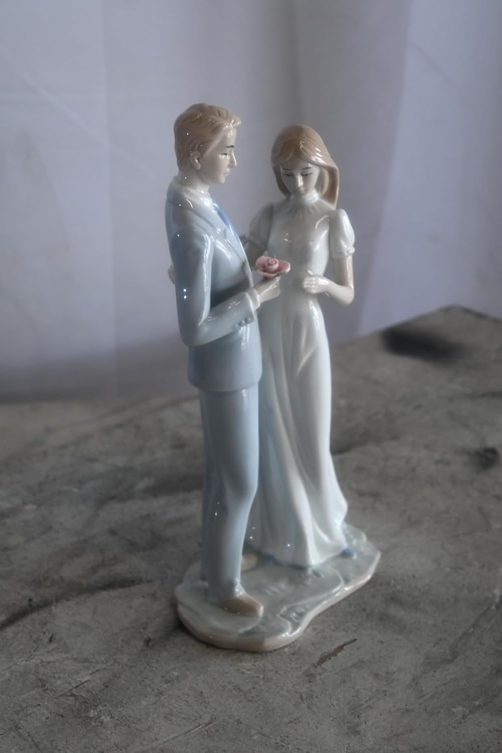 Porcelain Romantic Couple Figurine with Rose Bride Groom 6"x4"x11"H