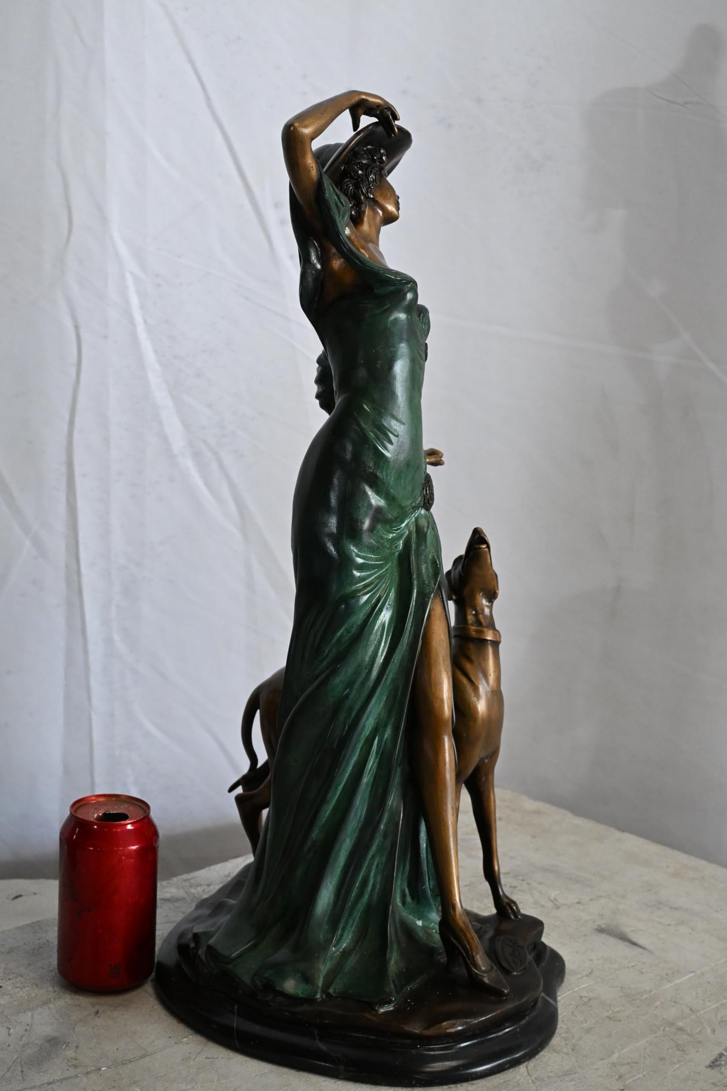Art Deco Woman with Greyhound Bronze Statue Figurine 12"x10"x24"H