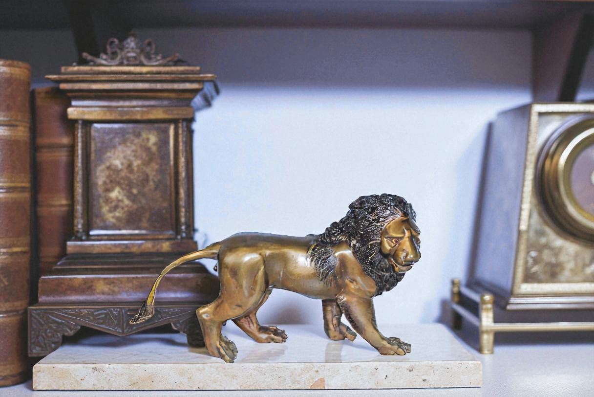 Small Bronze Lion Sculpture Walking Pose Animal Art 15" x 5" x 8"H