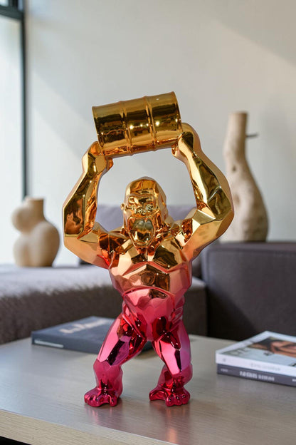 Textile Red and Gold King Kong with A Barrell Statue  Size: 14" x 7" x 24"H