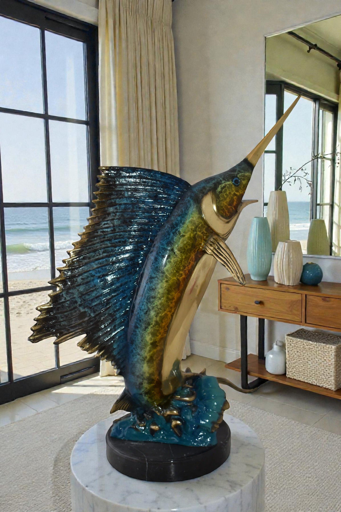 Gold And Blue Sailfish Swimming In Ocean Bronze Statue Size: 18" x 16" x 26"H