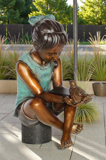 Nifao Bronze Girl Holding Bird Statue – Handcrafted Lost Wax Cast Sculpture with Natural Patina Finish – Heartwarming Decorative Artwork for Home, Garden, Bookshelf, 19" x 10" x 20"H