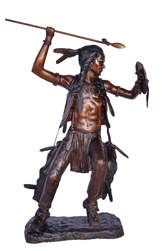 Indian Worrier Throwing a Spear Bronze Statue - Size: 15"L x 23"W x 38"H