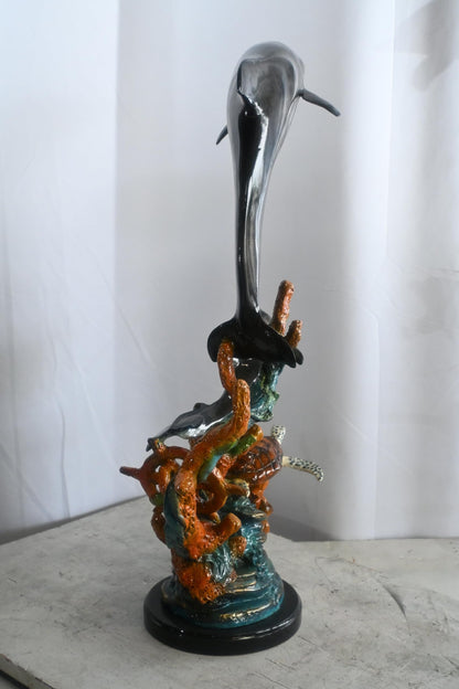Two Dolphins with Sea Turtle on Coral Bronze Sculpture 18"x10"x29"H