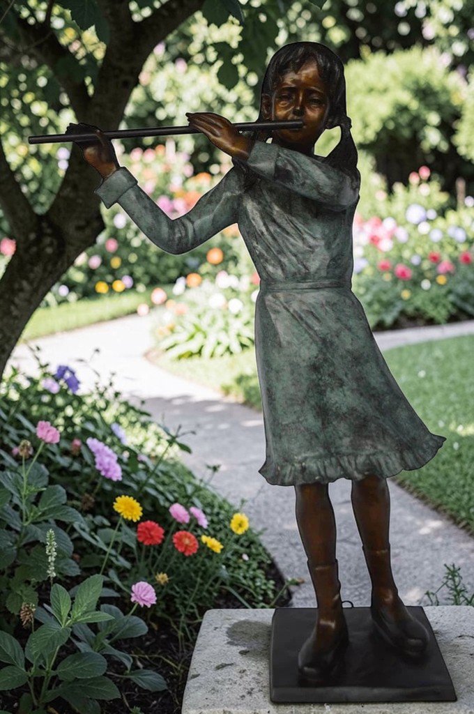Girl playing flute large bronze statue -  Size: 30"L x 15"W x 50"H.
