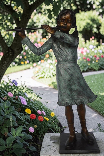 Girl playing flute large bronze statue -  Size: 30"L x 15"W x 50"H.