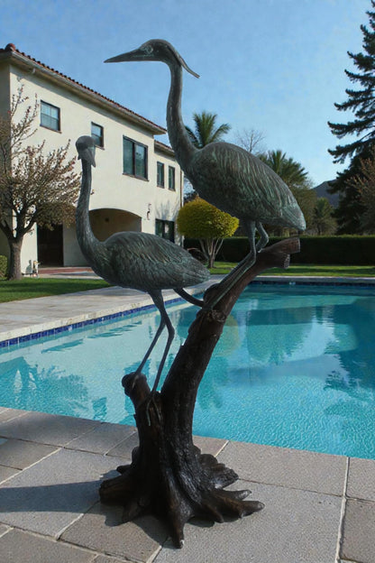 Bronze Heron Pair Sculpture on Driftwood Branch Perch 25"x20"x52"H