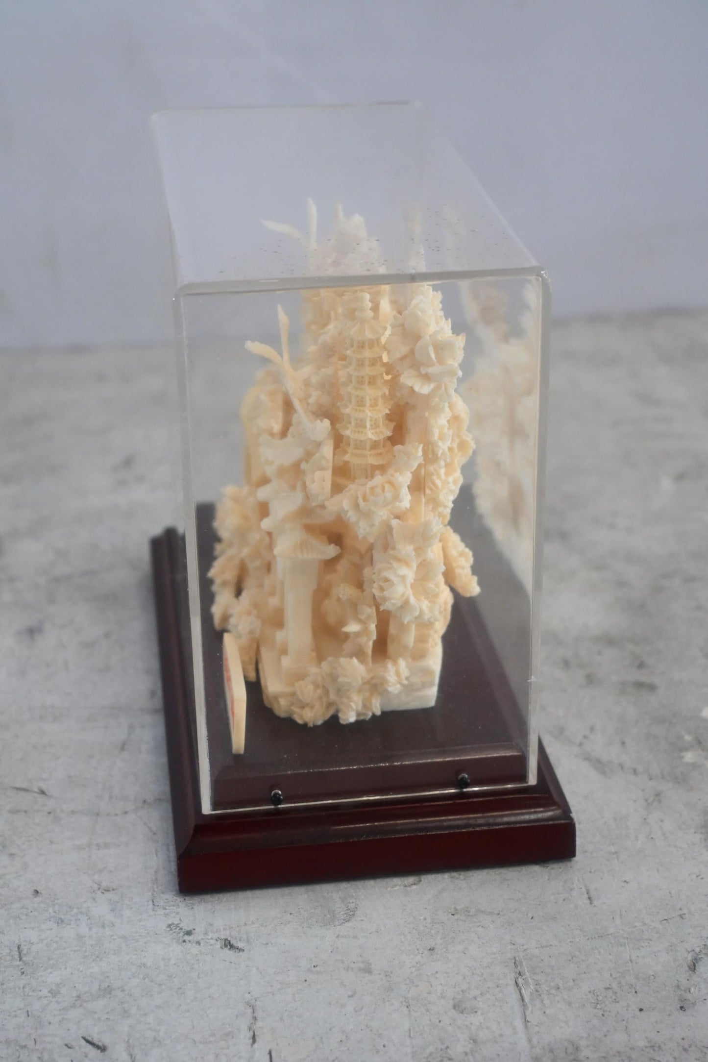Carved Resin Chinese Garden Scene with Bridge in Case 8"x4"x7"H