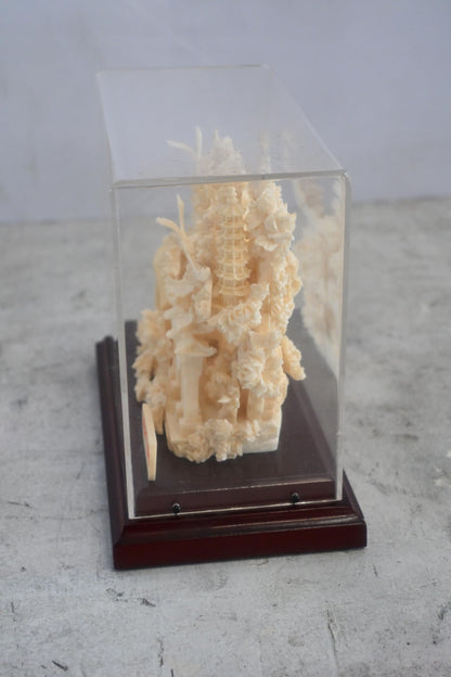 Carved Resin Chinese Garden Scene with Bridge in Case 8"x4"x7"H
