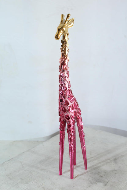 NIFAO Pink Giraffe Sculpture with Gold Chrome Head Modern Resin Decor 4"x6"x30"H