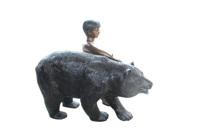 A bear with a boy bronze statue -  Size: 39"L x 24"W x 32"H.
