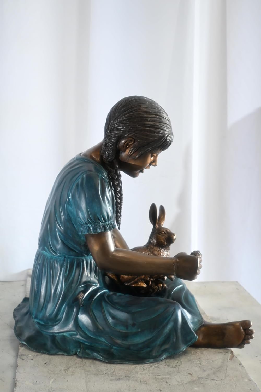Bronze Braided Girl Feeding Rabbit Blue Patina Sculpture 24"x20"x24"H