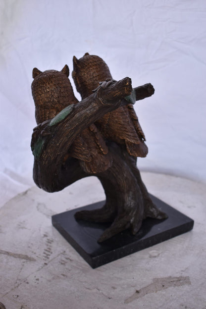 Two Owls on A Tree Trunk Bronze Statue - Size: 11"L x 11"W x 14"H.