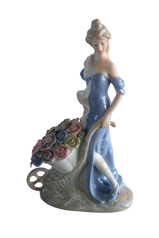 Porcelain Lady Blue Gown Pushing Rose Wheelbarrow Statue 8"x4"x14"H
