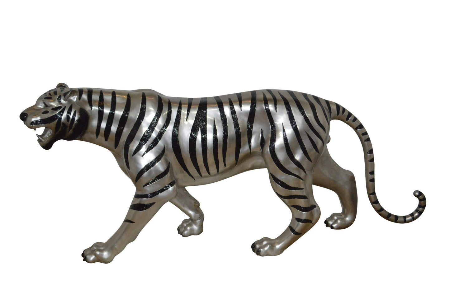 Tiger bronze statue with black and silver finish - Size: 80"L x 15"W x 34"H.