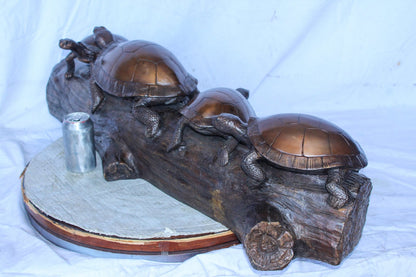 Four Turtles on Tree Log Bronze Statue, Charming Wildlife Decor 39" x 15" x 10"H