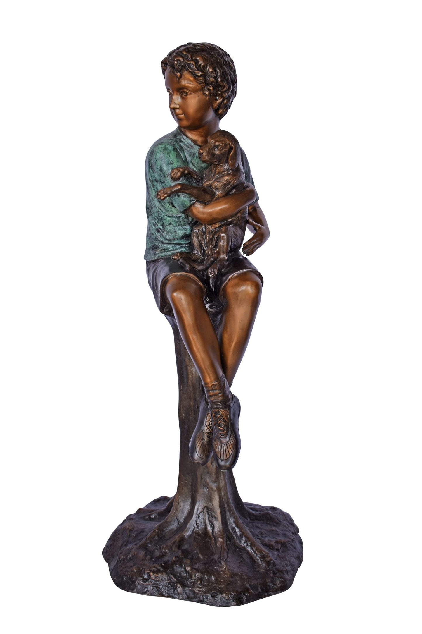 Boy Sitting on A Log with His Puppy Bronze Statue - Size: 15"L x 15"W x 35"H.