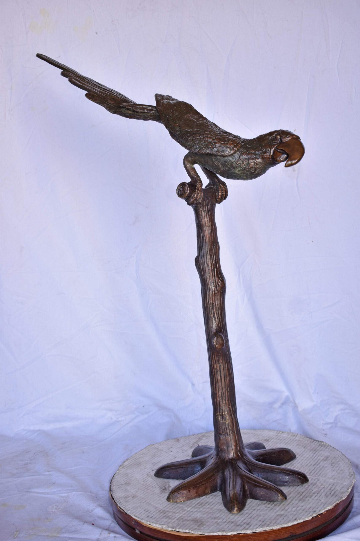 Parrot on a Tree looking Down Bronze Statue - Size: 37"L x 15"W x 47"H.