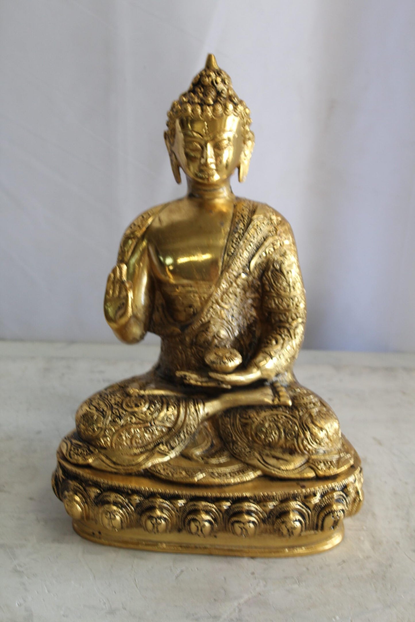 Tibetan Buddha Aluminum Sculpture in Radiant Gold Finish 10" x 7" x 14"H