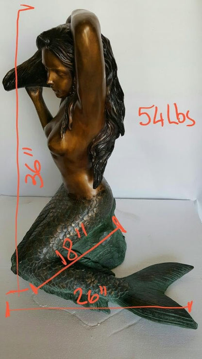 Mermaid Fountain Bronze Sculpture Nude Art Figurine Statue 26"x18"x36"H