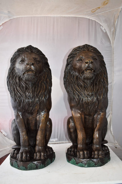 Pair Of Lions Sitting on Base Very Detailed Bronze Statues 13" x 26" x 34"H