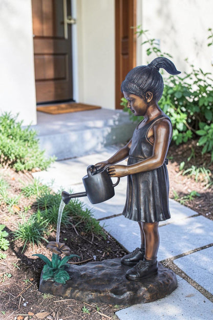 Bronze Statue of a Little Girl Watering Flowers 34" x 14" x 47"H