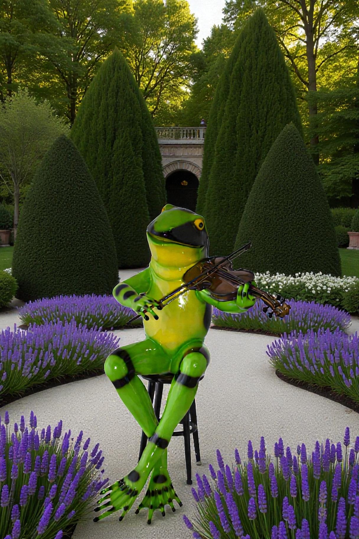 Musical Green Frog Bronze Statue - Playing Violin Sculpture - Perfect for Home or Office, 20"L x 18"W x 30"H