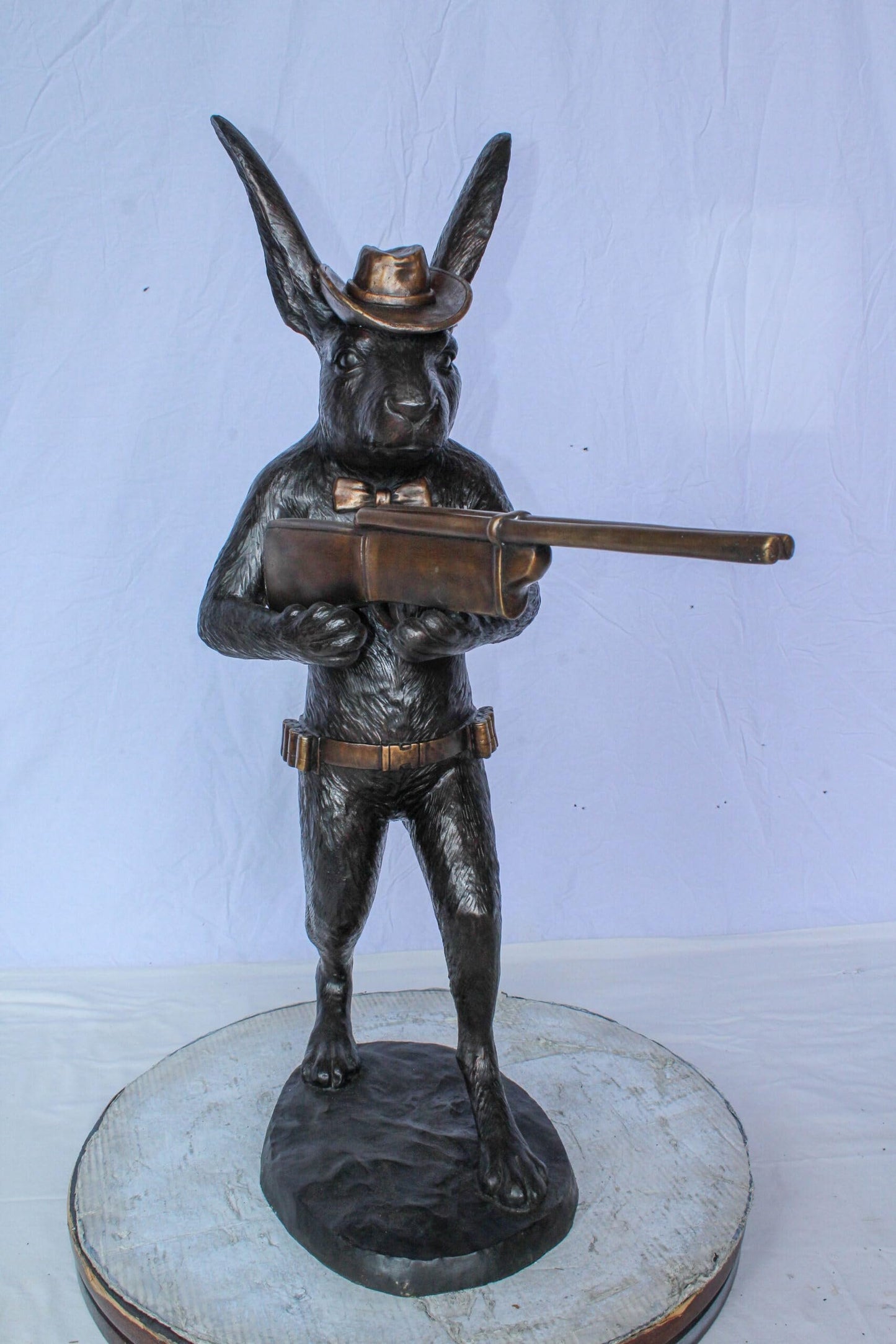 Bronze Statue of Cowboy Rabbit Holding Rifle 22" x 13" x 35"H