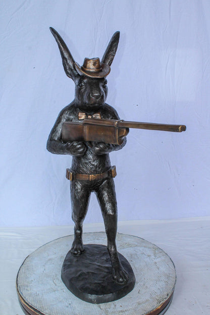 Bronze Statue of Cowboy Rabbit Holding Rifle 22" x 13" x 35"H