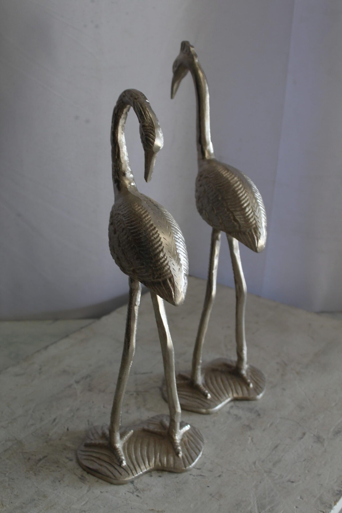 Art Deco Silver Flamingo Pair, Aluminum Decor Set 10" x 7" x 19"H