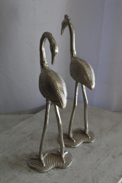 Art Deco Silver Flamingo Pair, Aluminum Decor Set 10" x 7" x 19"H