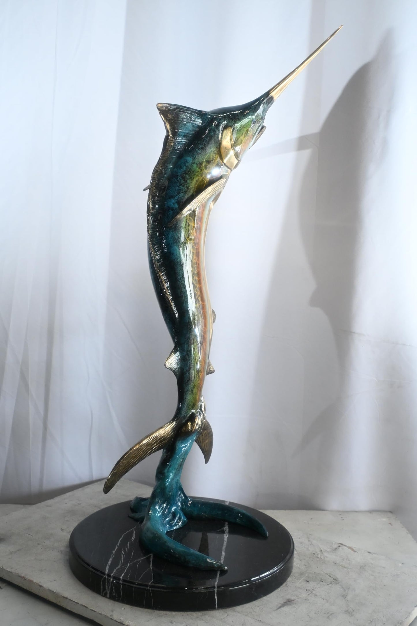 Leaping Marlin on Wave Bronze Sculpture Marble Base 14"x14"x41"H