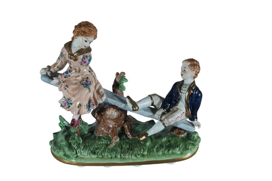 NIFAO Porcelain boy and Girl on Seesaw Figurine Vintage Style 10"x4"x9"H
