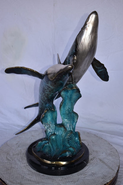 Pair of Blue Whales Swimming in The Ocean Bronze Statue Size: 21" x 20" x 27"H.