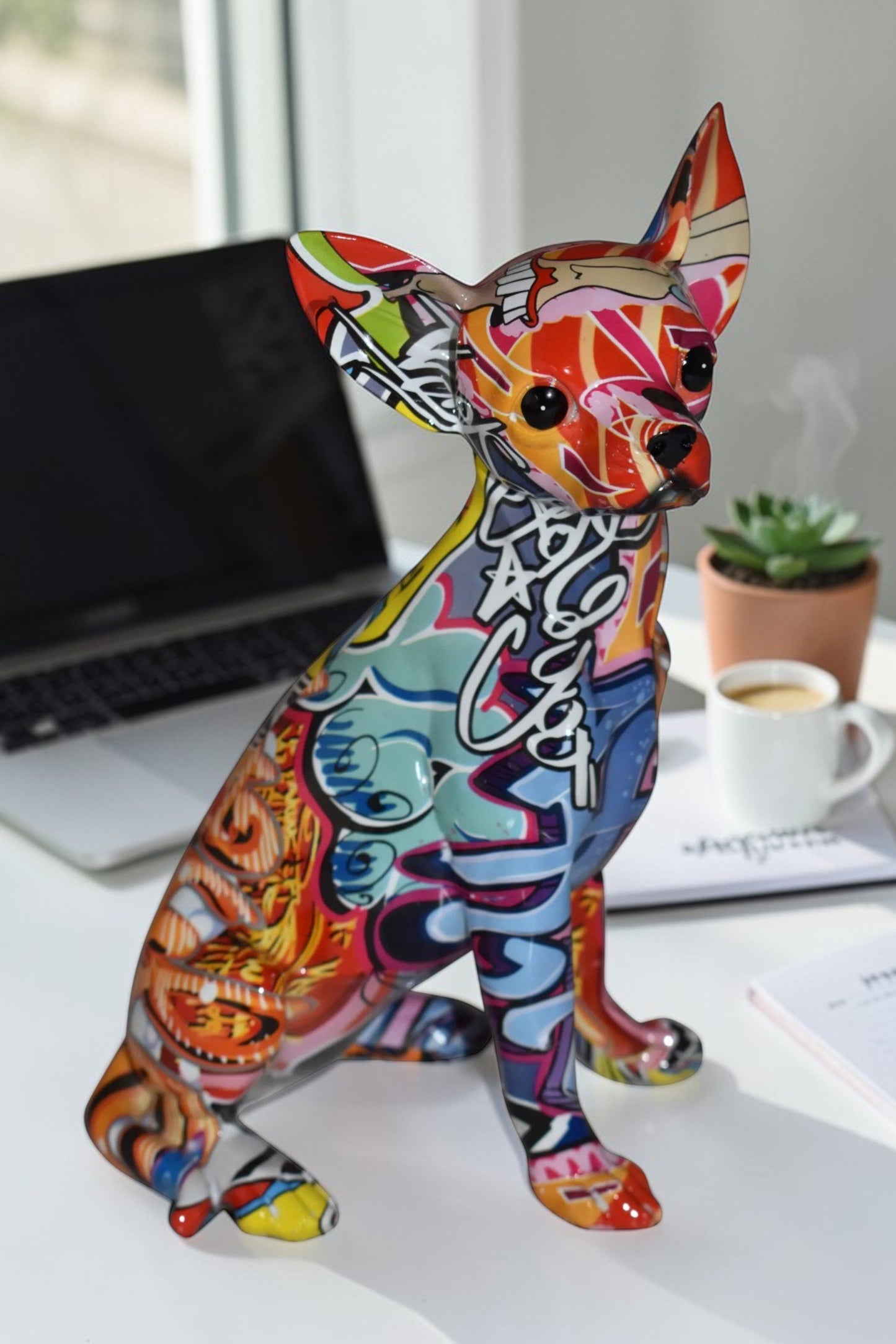 Modern Art Graffiti Sitting Chihuahua Statue Made of Resin Size: 8" x 5" x 10"H