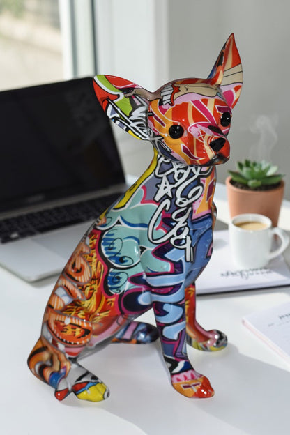 Modern Art Graffiti Sitting Chihuahua Statue Made of Resin Size: 8" x 5" x 10"H
