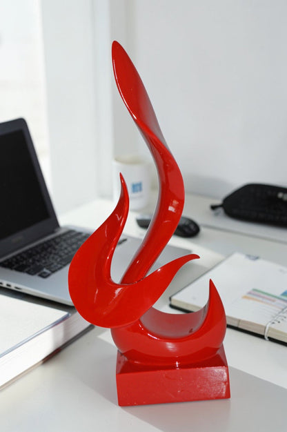 Modern Art Abstract of Fire Red Resin Statue - Size: 6"L x 3"W x 12"H.