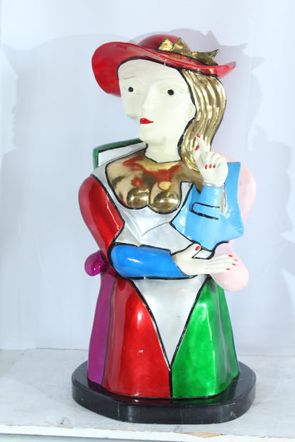 NIFAO Colorful Picasso Style Bronze Woman Bust with Red Hat 18" x 16" x 32"H